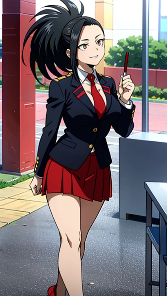 (((masterpiece))), YaoyoruzuMomo, 1girl, solo, onyx eyes, smile, large breasts, black hair, collarbone, ponytail, long sleeves, red skirt suit, red blazer, red necktie, red pencil skirt, (businesswoman), hair pulled back, high heels , large breasts , hot , nudity 