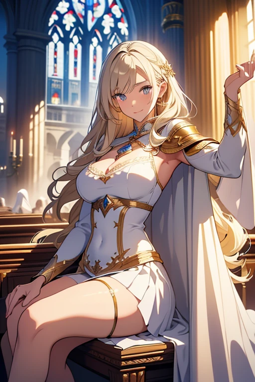 Masterpiece,Dark Souls, Dim Light, Old Church, Mature Woman, slim, expensive, Long blonde curly hair, White Cape, white mage costume, Diamond mini skirt, Gold bracelet, 8k, Official Style, European aristocracy, Suspicious smile, Large Breasts,sitting:1.9,spread legs:1.9, legs up,