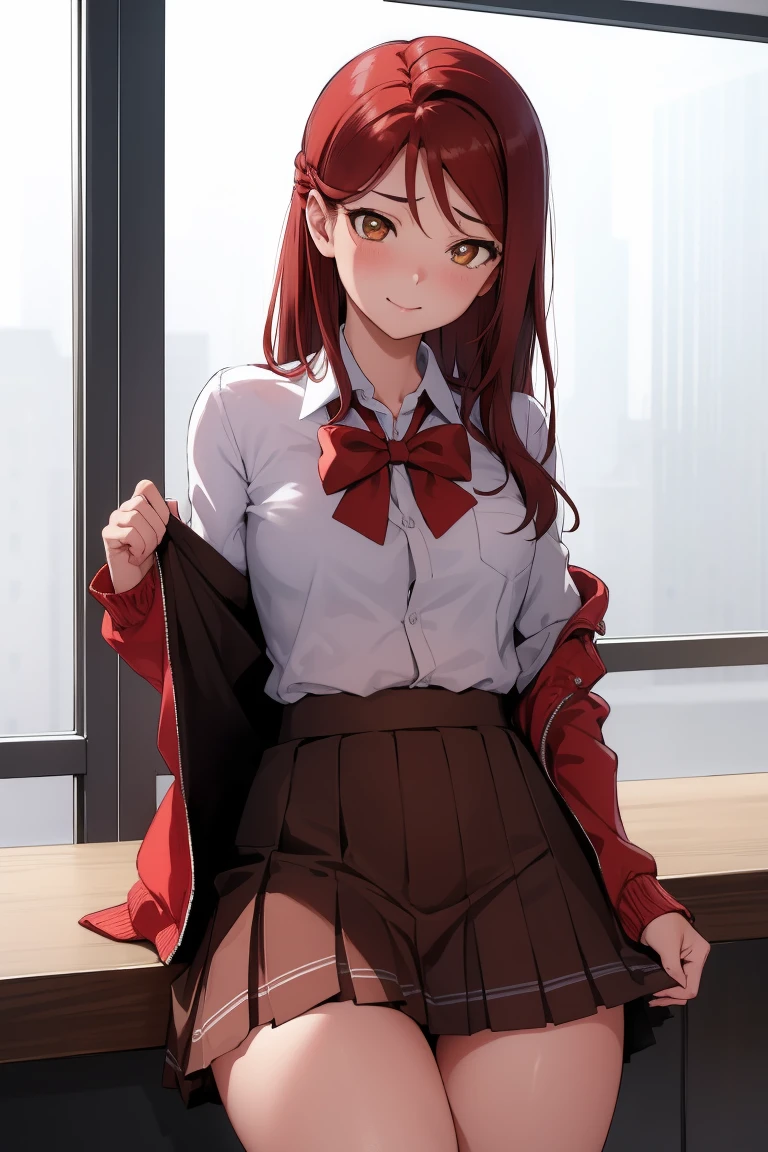 Rikosakurauchi, Riko Sakurauchi, (Brown eyes:1.5), hair between the eyes, by the wide, (Red hair:1.5), (Little mom:1.2), 
BREAK glasses, high advanced breeding , jacket de sport, red jacket de sport, bow, bowtie, collar shirt, jacket, long sleeves, pleated skirt, (((lifting her skirt, showing panties, black panties))), sad smile rest looking at viewer, sitting,(from below:1.2), (Leaning forward:1.2), open legs break inside, classroom, 
BREAK (masterpiece:1.2), Best Quality, High resolution, unity wallpaper 8k, NSFW,(illustration:0.8), (beautiful detailed eyes:1.6), extremely detailed face, perfect lighting, Extremely detailed CG, (perfect hands, perfect anatomy),