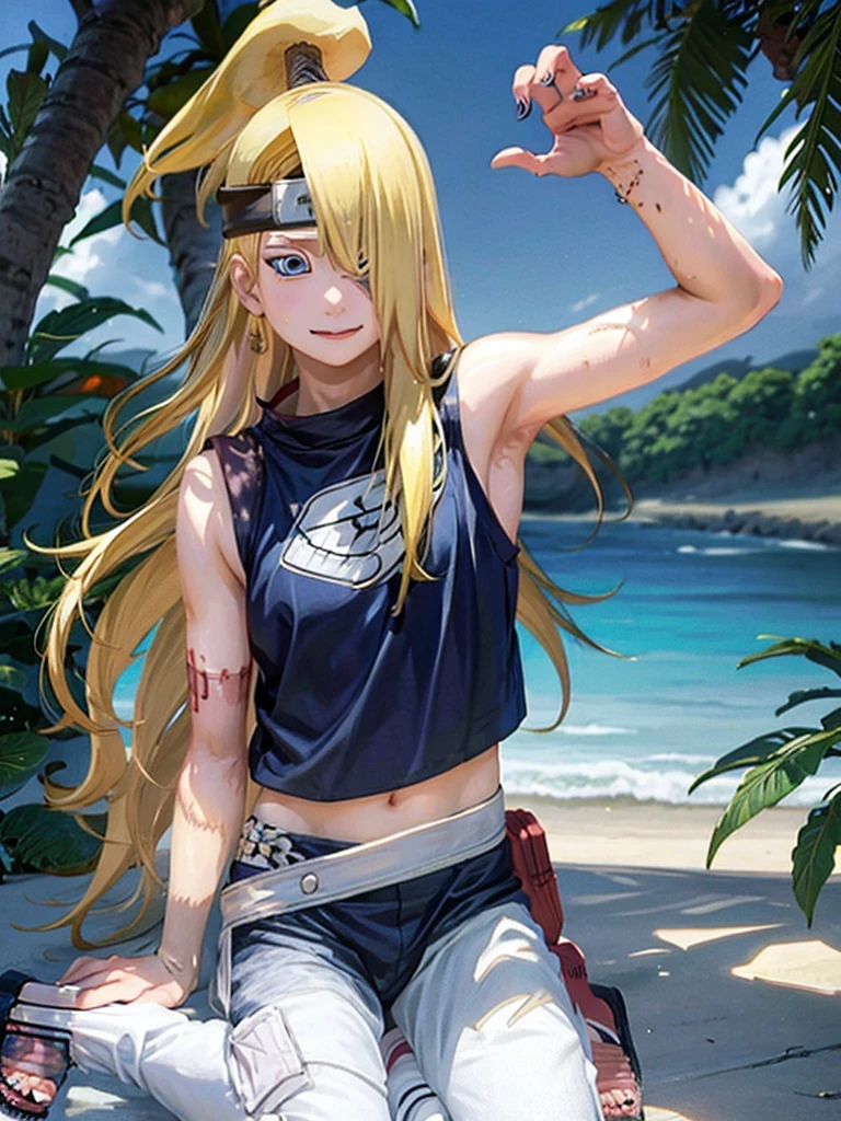 Deidara. women. 19 years. blonde. Long hair. blue eyes. Long left side fringe. sexy, Beach clothes.