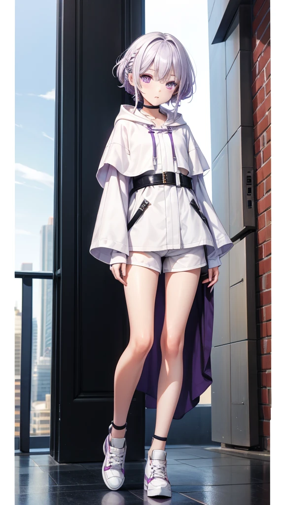 Girl with white short hair and double braids，Purple Eyes，hood，White robe，small shorts，Thin legs，Small leather shoes，Standing，City