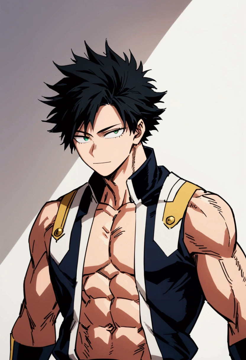  He is a 17 year old teenager, He has slightly disheveled very black hair..., somewhat light green eyes, , muscular body , sexy face, He is dressed in the anime uniform. "my hero academia", happy face 