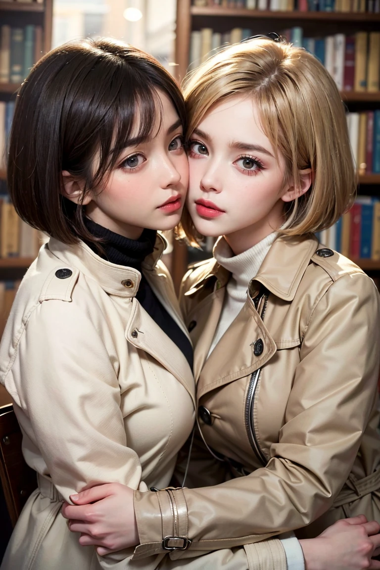 (UHD, retina, masterpiece, accurate, anatomically correct, textured skin, super detail, high details, high quality, best quality, high res, 1080P, HD, 4K, 8k, 16k), (beautiful detailed eyes, beautiful detailed lips, extremely detailed eyes and face), studio lighting, physically-based rendering, vivid colors, (large breasts, glamorous body), (beige trench coat, turtleneck sweater), (portrait, bob cut, shiny hair, shiny skin, blush), (cafe and bookstore, bokeh), eye reflection, (two stunning girls are deeply in love with each other, kiss:1.2)
