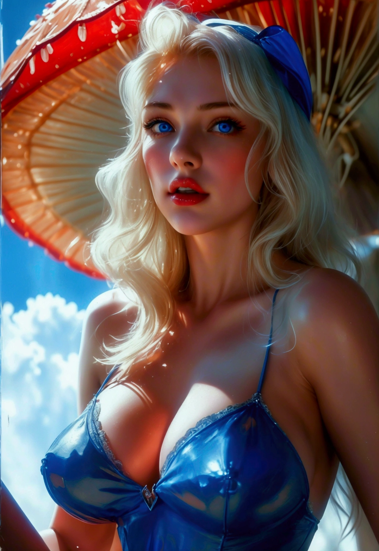(((ultra realistic))) Photo, masterpiece, top quality, (pale skin), (Ultra detailed face and eyes:1.3), 1 girl, Adult, A Gil Elvgren pin-up style painting of a beautiful blonde woman with big messy hair, with a thin red hairband, in a seductive short blue dress, cleavage, white stockings, in a provocative pose, on a giant glowing mushroom, vibrant and colorful,(Natural breasts). ((Posing)), photoshoot, (Soft Lighting), (The play of light and shadows), depth of field, bokeh, (special attention to skin detail: 1.2), Detailed leather texture, detailed skin pores. (Erotic atmosphere of the frame. Color range - blue, red, White tones), UDR, ((Film grain)), ((rays)), (Glare), ((full body portrait)) , ultra detailed.