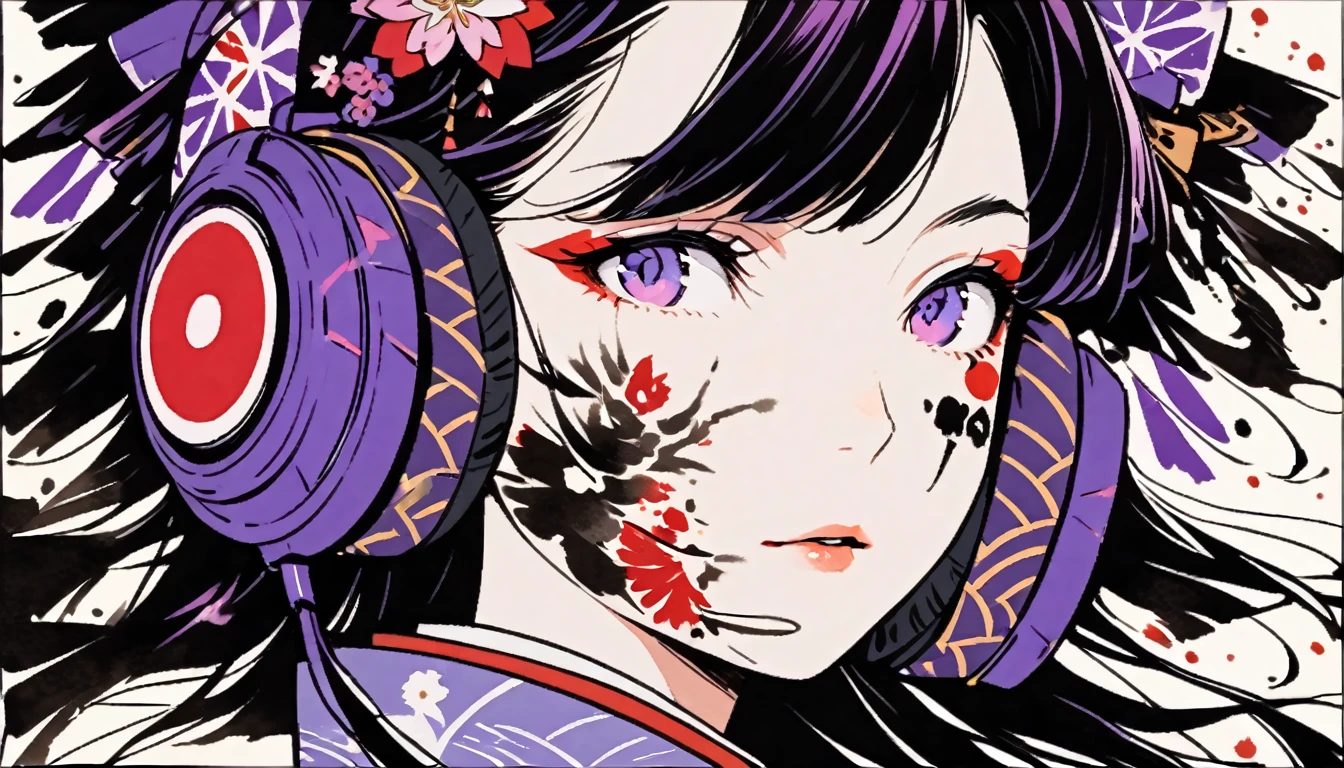 (((Ink Painting))), ((Japanese style headphones)), (((Japanese pattern tattoo on face))), face close up, Gorgeous hair accessories, Japan人の女, Fluttering Hair, Japan, Japanese flag, purple
