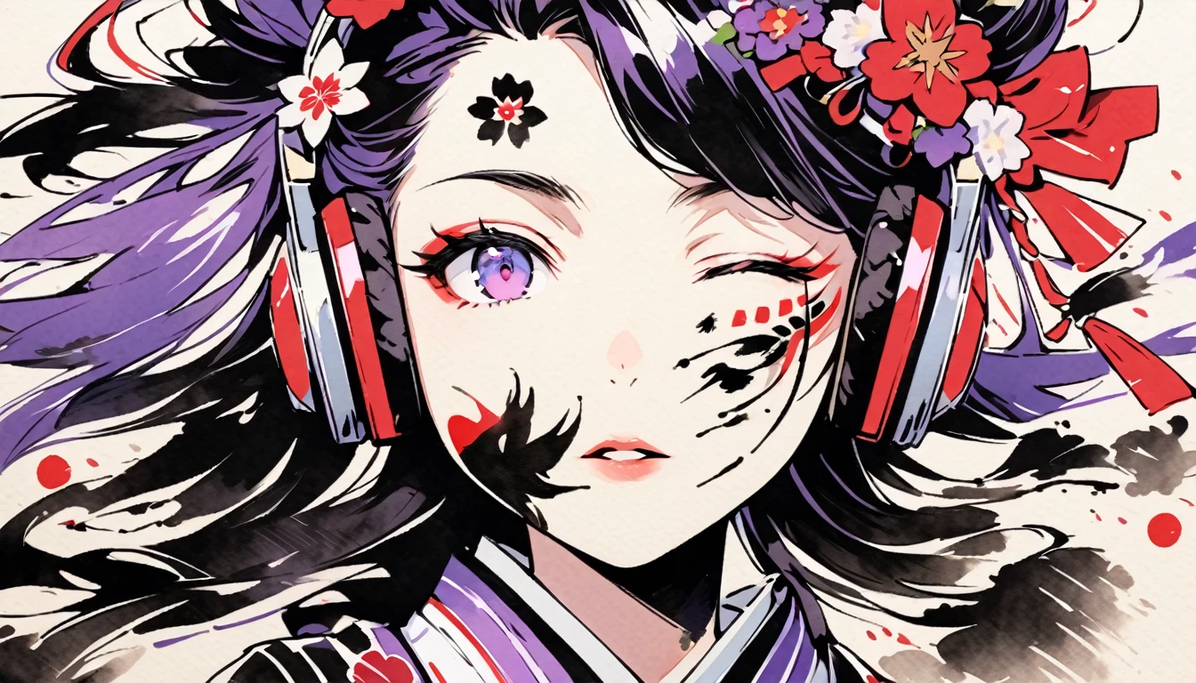 (((Ink Painting))), ((Japanese style headphones)), (((Japanese pattern tattoo on face))), face close up, Gorgeous hair accessories, Japan人の女, Fluttering Hair, Japan, Japanese flag, purple