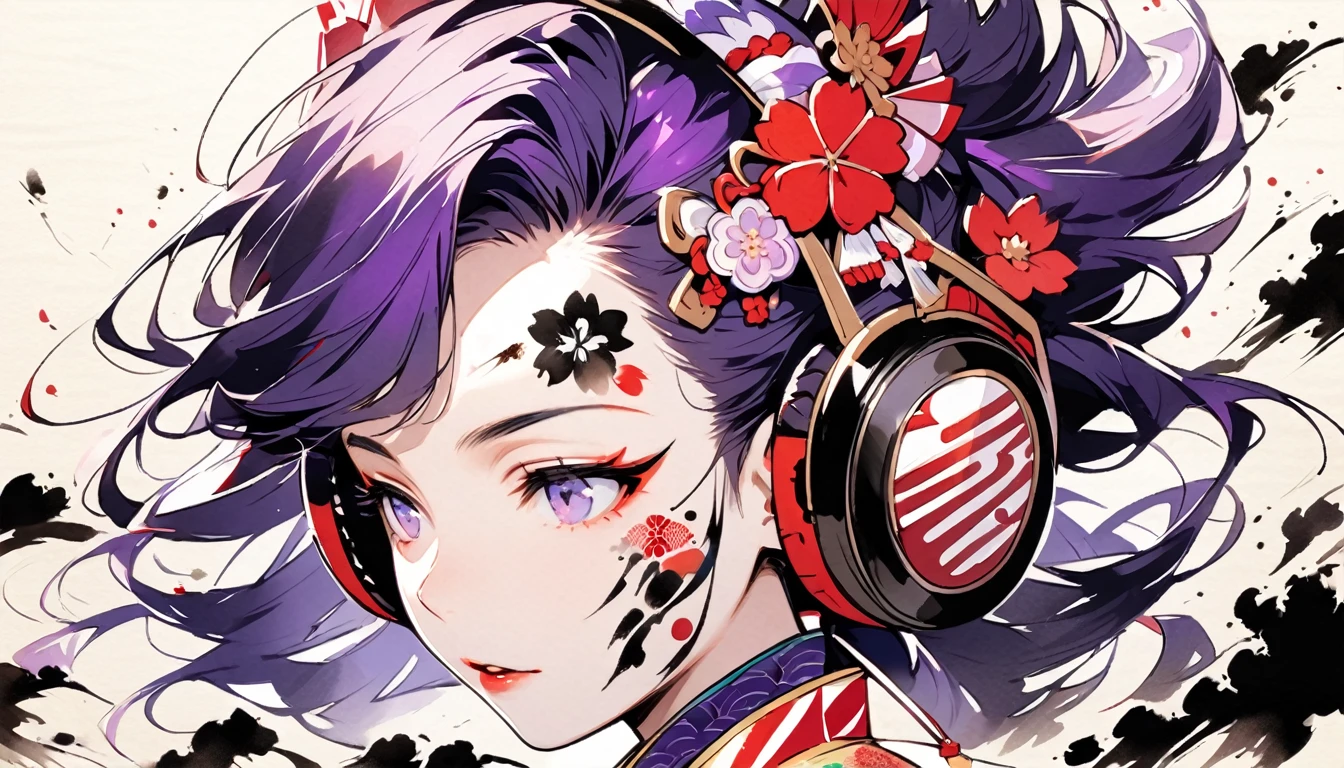 (((Ink Painting))), ((Japanese style headphones)), (((Japanese pattern tattoo on face))), face close up, Gorgeous hair accessories, Japan人の女, Fluttering Hair, Japan, Japanese flag, Purple