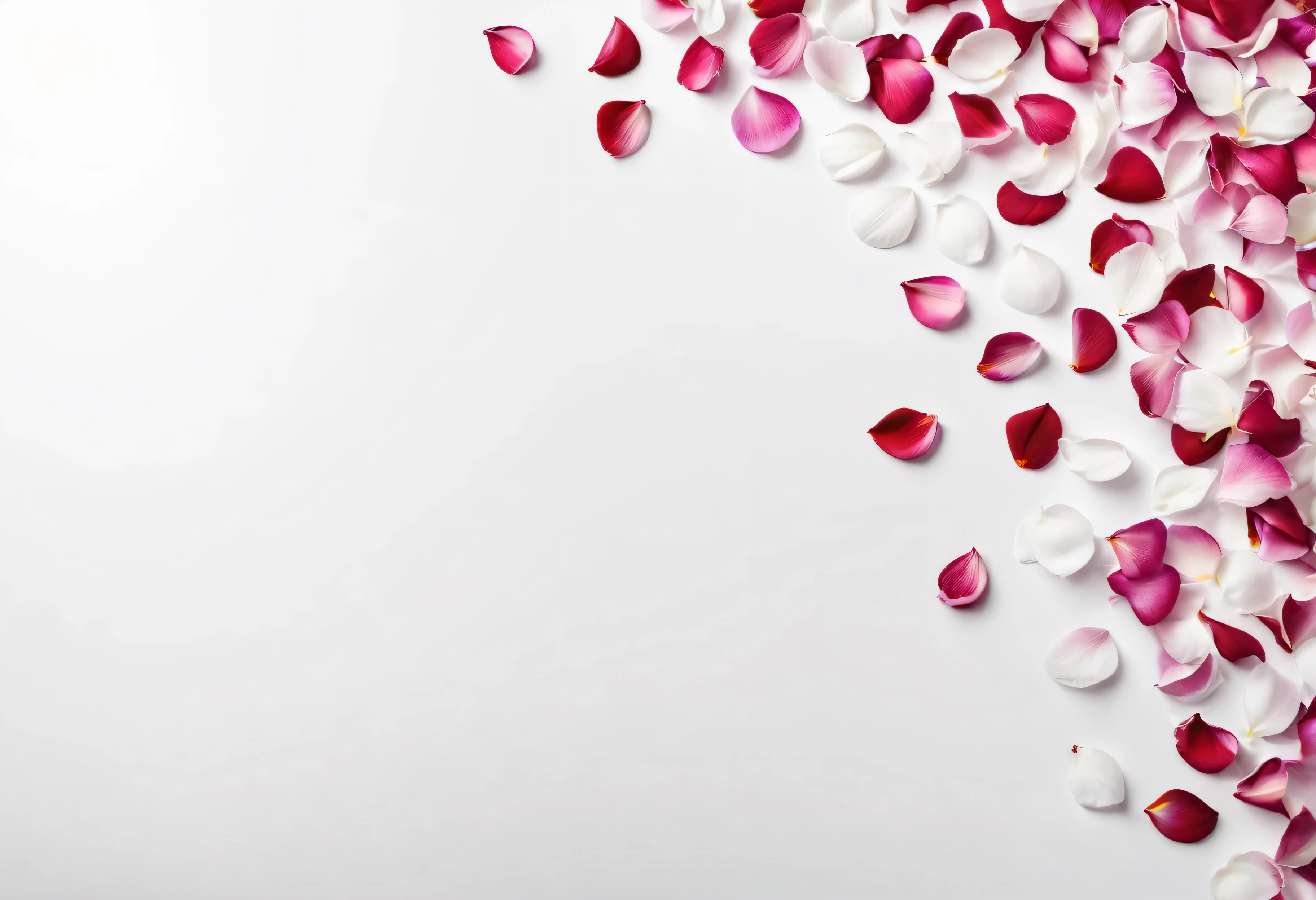 Tulip petals scattered in the corner of white background, background for wallpaper
