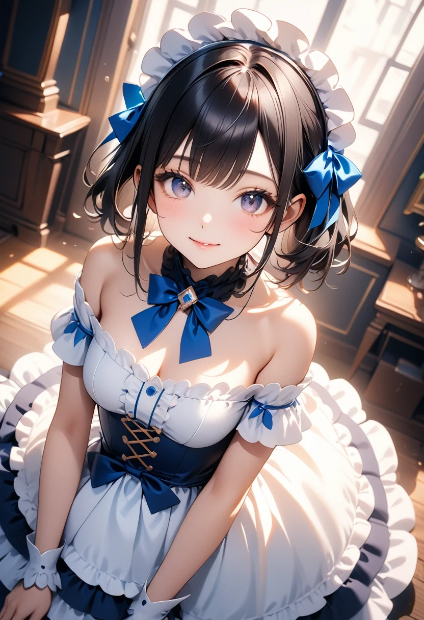 very cute and beautiful girl,(Very detailedな美しい顔), (smile),blush,Black Hair,Low twin tails,Cowboy Shot,View Viewer,Kneel, (A blue lolita dress with a floral pattern and detailed frills),Fine lace,(Skirt flip,White panties), altar,church,indoor, (highest quality,masterpiece:1.2),Absurd,High resolution,Super detailed,Very detailed,32k,8K resolution, Intricate details,Movie Scenes,Detailed Background,alone,Dynamic Angle,Perfect hands,