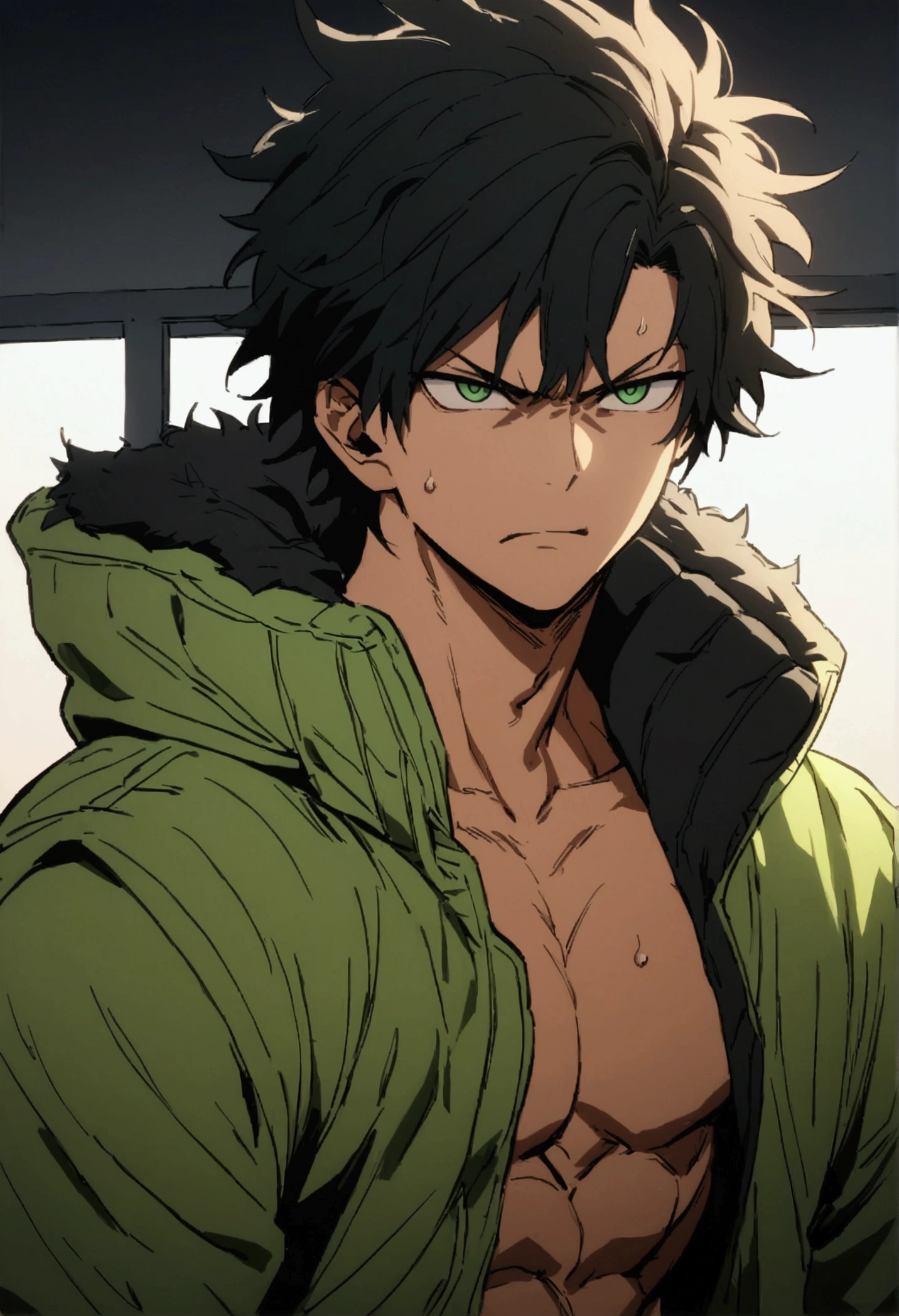  He is a 17 year old teenager, He has slightly disheveled very black hair..., somewhat light green eyes, , muscular body , sexy face, wearing a cold jacket , angry face 