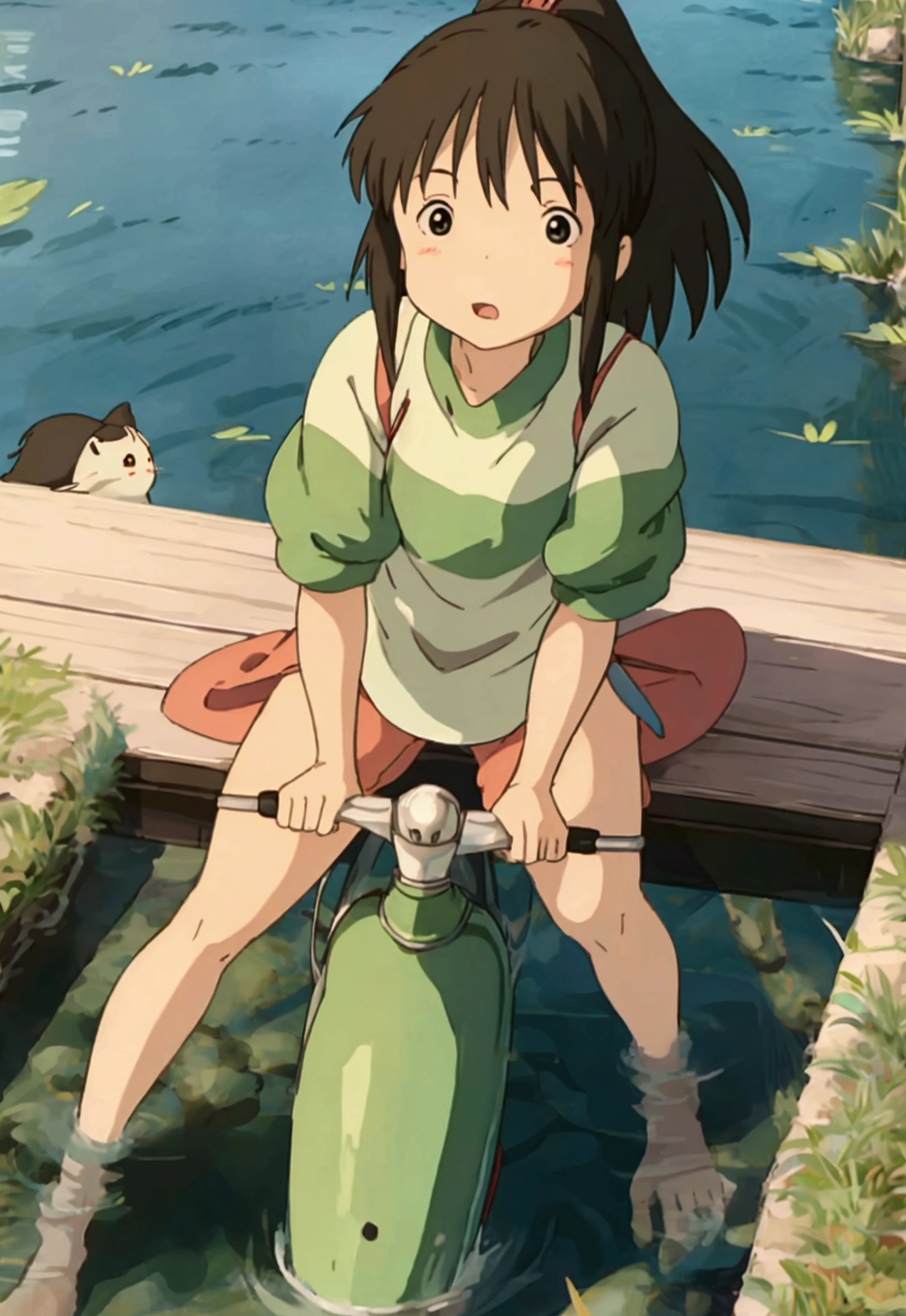 Ghibli　In the water　Girl riding on a fish surrounded by fish