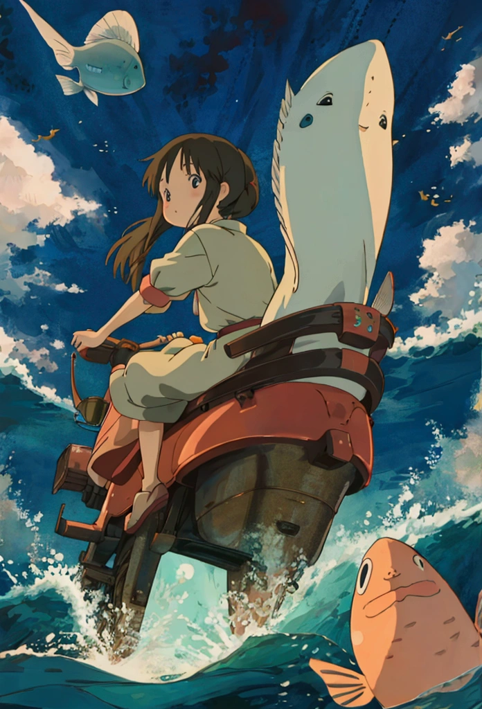 Ghibli In the water Girl riding on a fish surrounded by fish