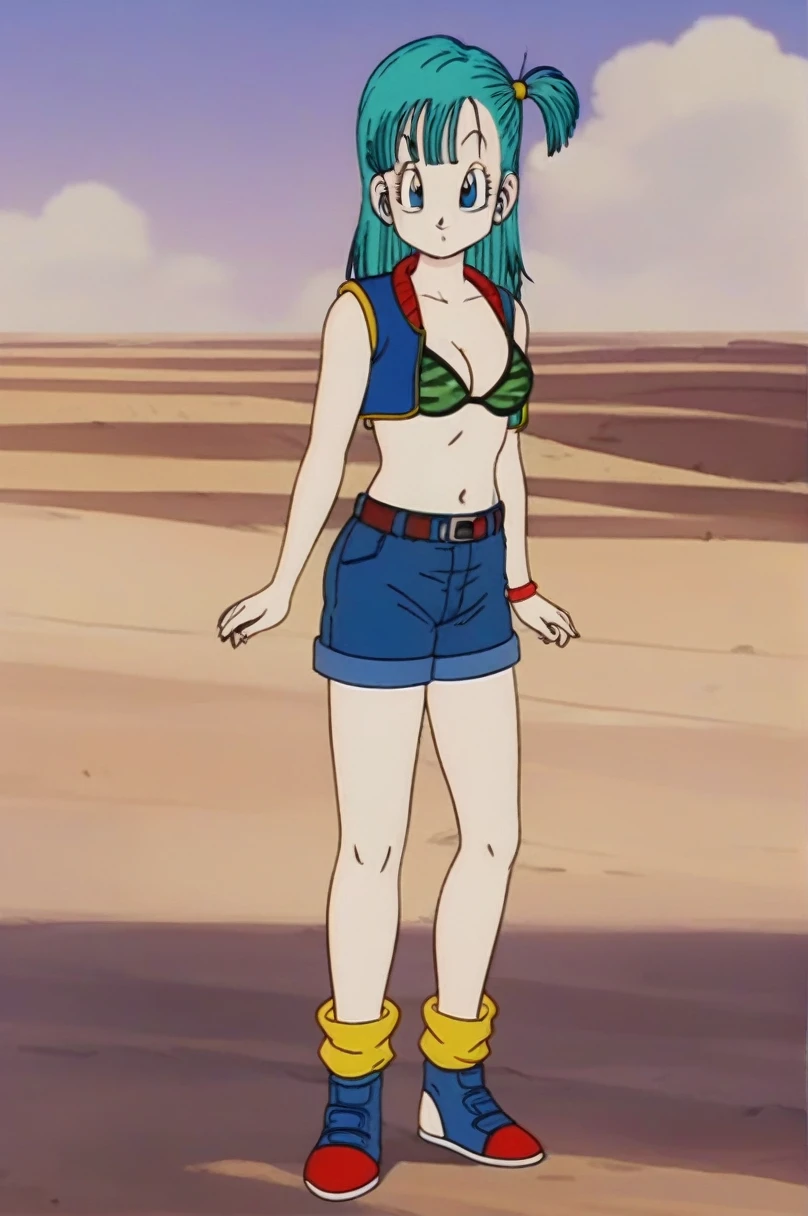 source_anime, score_9, score_8_up, score_7_up, anime screencap,
bulma \(dragonball\), 1girl, solo, long hair, looking at viewer, bangs, blue eyes, desert, bikini, standing, full body, short sleeves, aqua hair, shoe soles, collarbone, arms by side, fingernails, medium breasts, raised eyebrows, eyebrows, eyelashes, messy hair