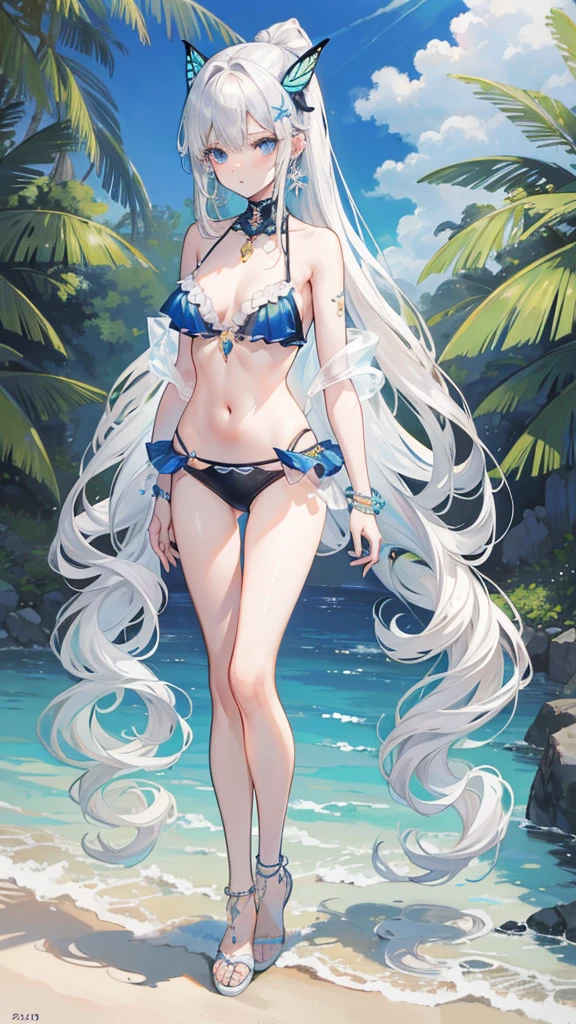 High resolution, masterpiece, accurate, Highest quality, Winner of numerous awards, High-resolution model, 
Silver Hair, Wet Hair, Super long hair, Bun Hair, ponytail, 
slender、
Seaside, 
Butterfly Hair Ornament, Crystal Earrings, 
Swimwear, Simple bikini,Butterfly anklet standing illustration, whole body