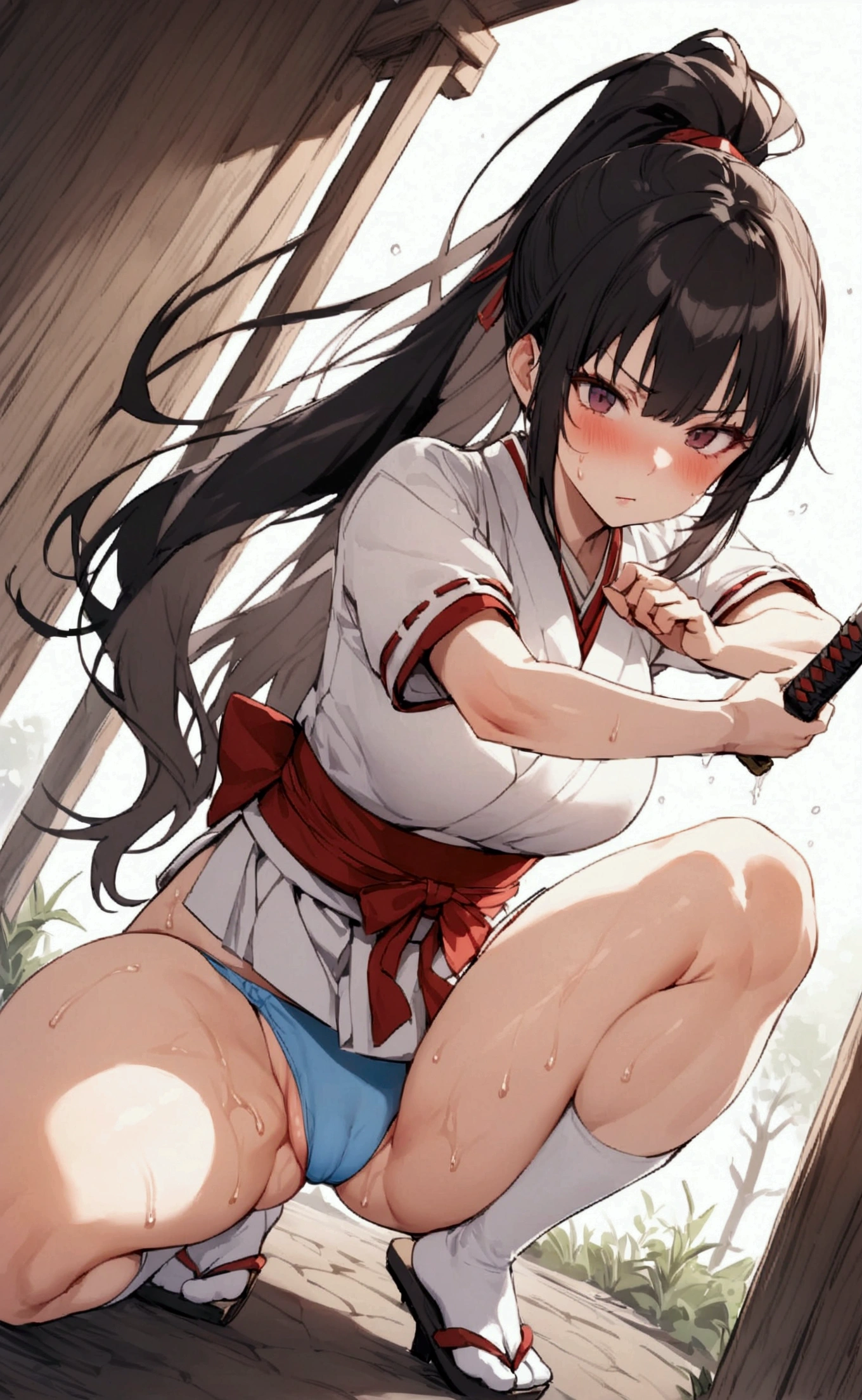 One woman、beautiful girl、high school girl、Hakama、ponytail、Big red ribbon、Long Hair、Budokan、Holding a Japanese sword、Kendo stance、A packed audience、Highest quality, Thick thighs、Big Ass、Black Hair、Sweaty body、Rin々A funny expression、Serious face、Angle from directly below、tabi、Japanese sword swinging pose、Conqueror's Haki Aura、Squatting with legs apart、Blue panties、Close up angle on pantiey legs are shaking、Cramp、Love juice、Dildo underneath、The dildo is touching her crotch、in the ground、The dildo is vibrating、A face that is trying to endure pleasure、Dildo growing out of the ground