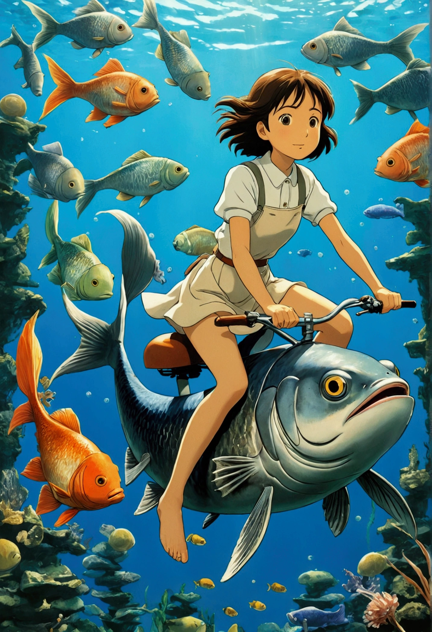 Ghibli In the water Girl riding on a fish surrounded by fish