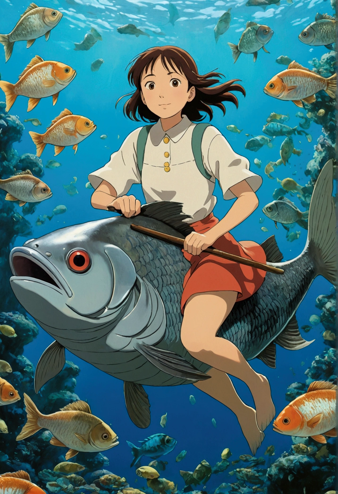 Ghibli In the water Girl riding on a fish surrounded by fish