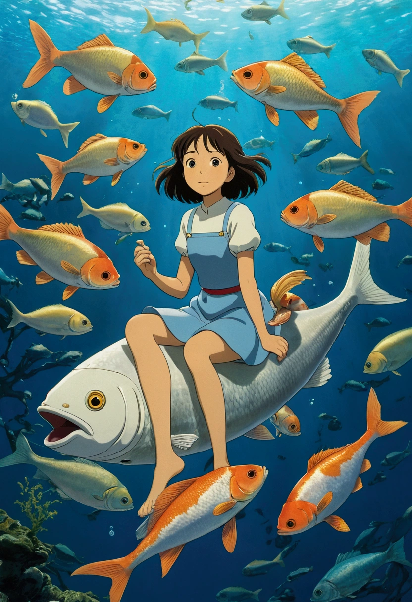 Ghibli　In the water　Girl riding on a fish surrounded by fish