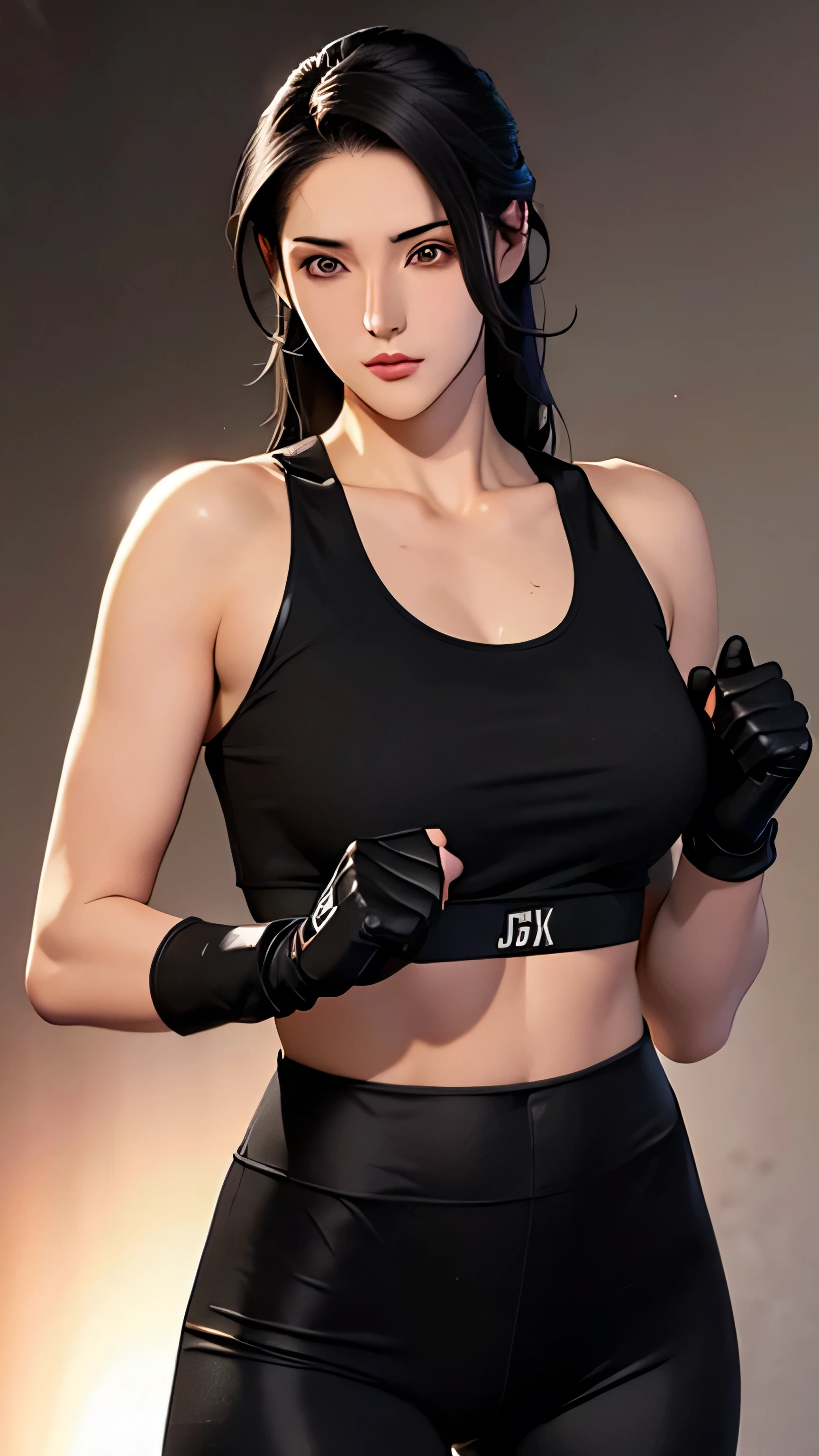 Intricate details, Very detailed, Mobius style, 1 girl, 20 years old, long black hair, handsome face, boxing gloves, sports bra, toned, boxing stance, long black pants, looking at viewer