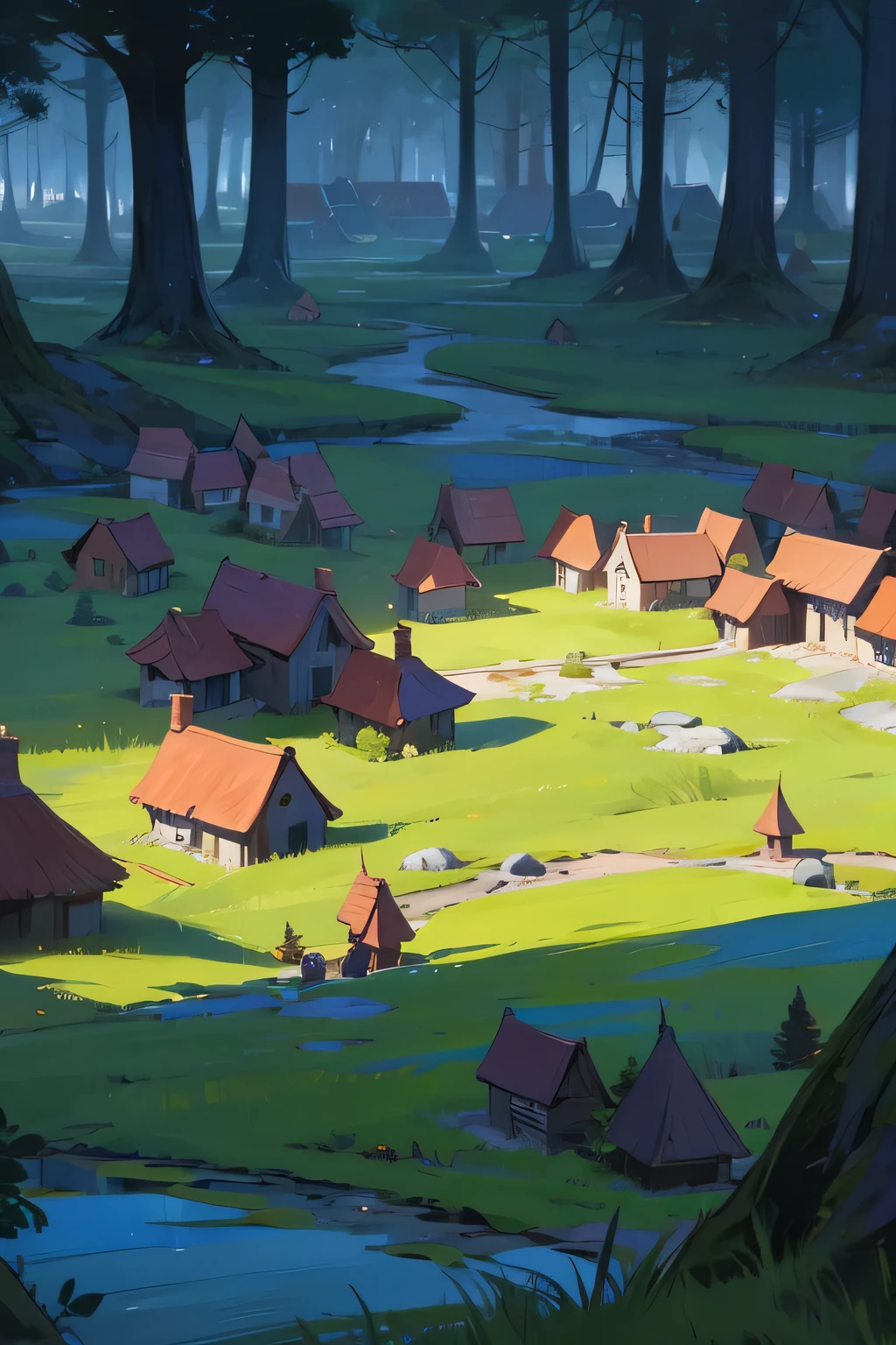 Elf village in the forest, elf houses, elves walking, several elves.