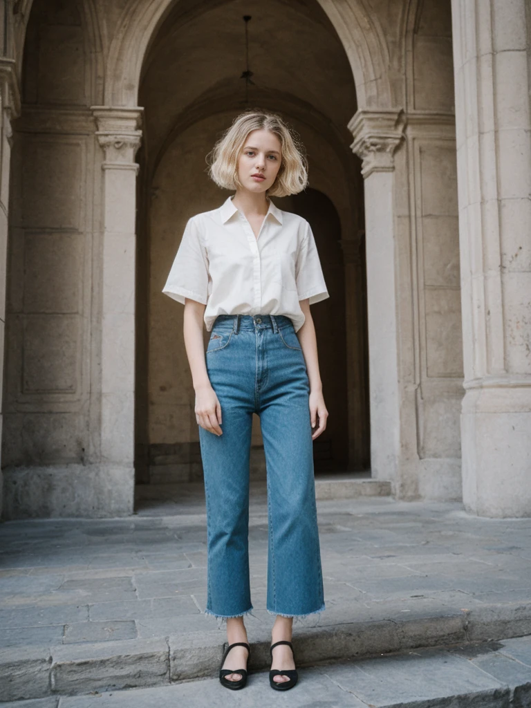 her name is Amelie, high quality, 1girl, ((25-year-old fit Caucasian woman)), ((25 years old)), ((BODY TYPE: HOURGLASS)), ((Grunge Bob blonde hair)), pose: standing, wearing SOPHISTICATED courant Generation-Z modern wear bright colored, BACKGROUND: "Walking through the elegant Georgian Quarter, with its historic buildings, beautiful parks, and cultural institutions."