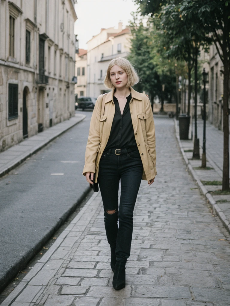 her name is Amelie, high quality, 1girl, ((25-year-old fit Caucasian woman)), ((25 years old)), ((BODY TYPE: HOURGLASS)), ((Grunge Bob blonde hair)), pose: standing, wearing SOPHISTICATED courant Generation-Z modern wear bright colored, BACKGROUND: "Walking through the elegant Georgian Quarter, with its historic buildings, beautiful parks, and cultural institutions."