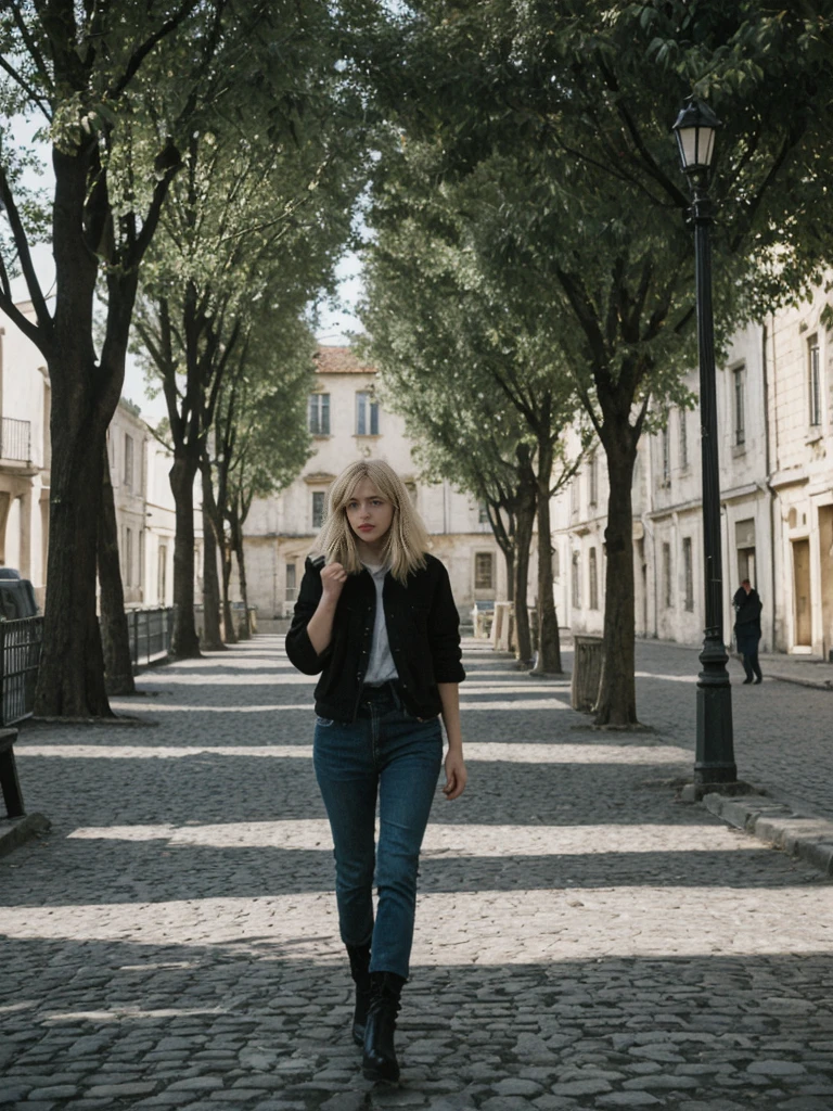 her name is Amelie, high quality, 1girl, ((25-year-old fit Caucasian woman)), ((25 years old)), ((BODY TYPE: HOURGLASS)), ((Grunge Bob blonde hair)), pose: standing, wearing SOPHISTICATED courant Generation-Z modern wear bright colored, BACKGROUND: "Walking through the elegant Georgian Quarter, with its historic buildings, beautiful parks, and cultural institutions."