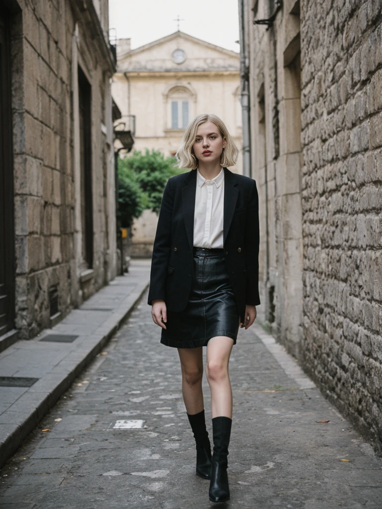 her name is Amelie, high quality, 1girl, ((25-year-old fit Caucasian woman)), ((25 years old)), ((BODY TYPE: HOURGLASS)), ((Grunge Bob blonde hair)), pose: standing, wearing SOPHISTICATED courant Generation-Z modern wear bright colored, BACKGROUND: "Walking through the elegant Georgian Quarter, with its historic buildings, beautiful parks, and cultural institutions."
