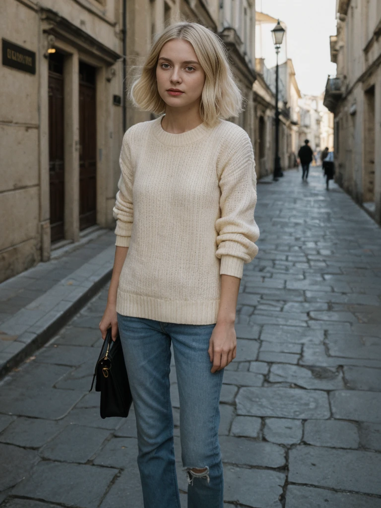 her name is Amelie, high quality, 1girl, ((25-year-old fit Caucasian woman)), ((25 years old)), ((BODY TYPE: HOURGLASS)), ((Grunge Bob blonde hair)), pose: standing, wearing SOPHISTICATED courant Generation-Z modern wear bright colored, BACKGROUND: "Walking through the elegant Georgian Quarter, with its historic buildings, beautiful parks, and cultural institutions."