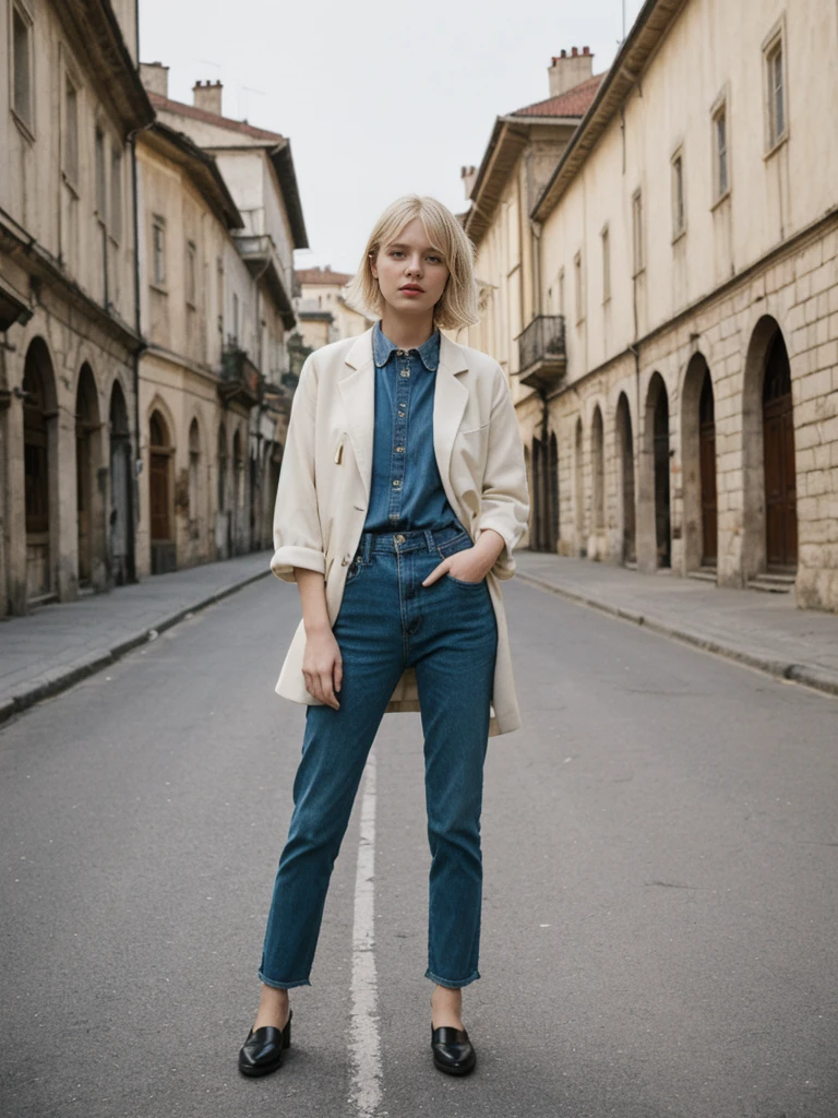 her name is Amelie, high quality, 1girl, ((25-year-old fit Caucasian woman)), ((25 years old)), ((BODY TYPE: HOURGLASS)), ((Grunge Bob blonde hair)), pose: standing, wearing SOPHISTICATED courant Generation-Z modern wear bright colored, BACKGROUND: "Walking through the elegant Georgian Quarter, with its historic buildings, beautiful parks, and cultural institutions."