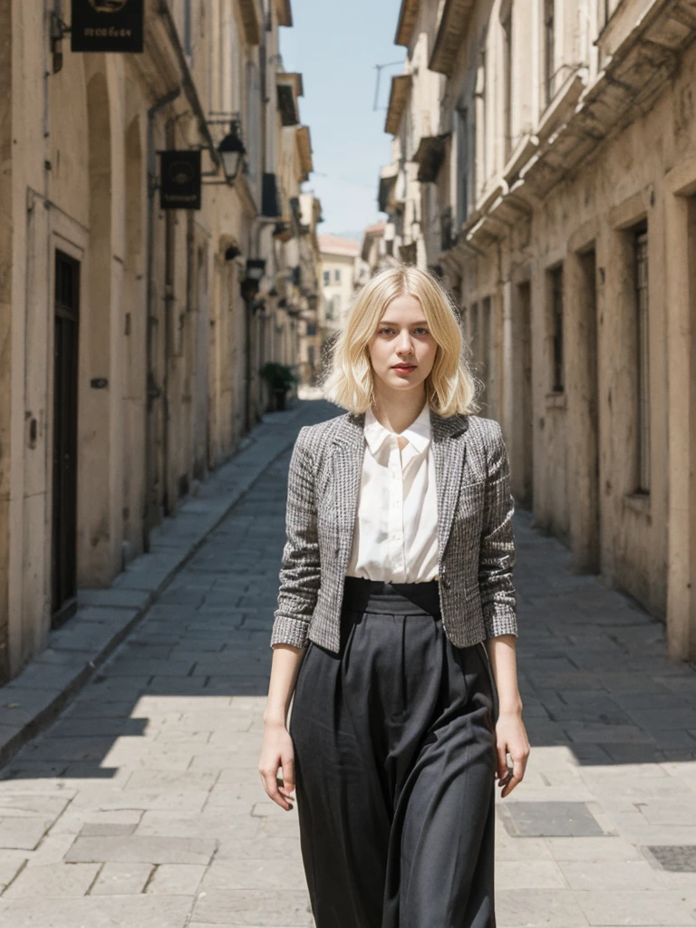 her name is Amelie, high quality, 1girl, ((25-year-old fit Caucasian woman)), ((25 years old)), ((BODY TYPE: HOURGLASS)), ((Grunge Bob blonde hair)), pose: standing, wearing SOPHISTICATED courant Generation-Z modern wear bright colored, BACKGROUND: "Walking through the elegant Georgian Quarter, with its historic buildings, beautiful parks, and cultural institutions."