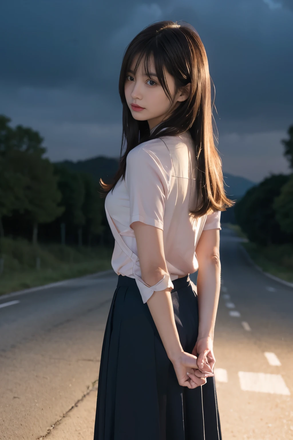 Tied up woman、(((Fold your hands behind your back、Cross your wrists)))、(Bind your wrists with a thin rope)、Beauty、Well-formed face、Shiny long black hair、Even out the eyes、Karuizawa forest road、Please show me your whole body、White short sleeve shirt、Navy Semi-Long Skirt、Panty lines、Wear pumps、Are standing、Back view、Age 25、Medium build、Like a real photo、Highest quality, Light brown hair, Straight hair, Shiny Hair, Part your lips, Anxious face, Surrealism, Hyperrealism, Verism, Cinema Lighting, tachi-e, First Person View, Nikon, 超High resolution, Anatomically correct hand, Highest quality, High resolution, 8K,