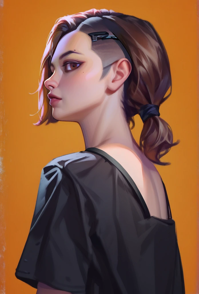 smudgy, traditional art, liu2, brush texture, score_9, score_8_up, score_7_up, score_6_up, score_5_up, score_4_up, BREAK 1girl, extreme short hair, black silk nightgown, dark Brown eyes, looking foward, side view, perfil, short undercut low ponytail hairstyle, pale skin, detailed background, detailed face shot (masterpiece, high quality:1),