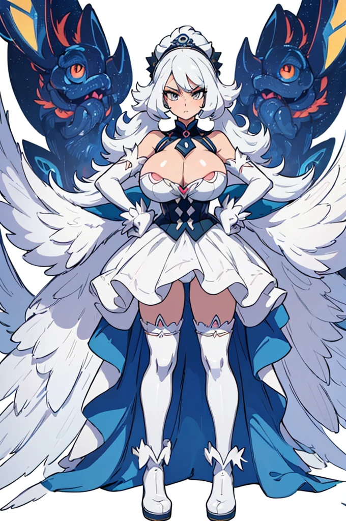 (masterpiece, best quality, high resolution, (pokemon style) ((huge breasts)) 1 girl, very short and ruffled white hair, white eyes, white pokemon villain costume, long white stockings, long white gloves, long white boots ,expressionless,((white background,)) , ((full body standing)),
