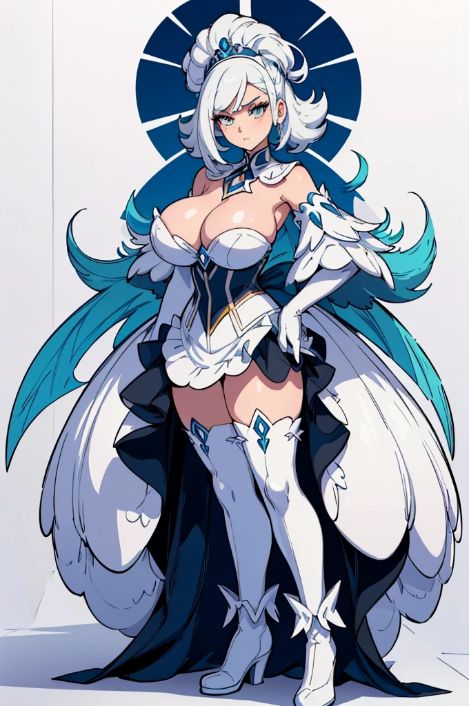 (masterpiece, best quality, high resolution, (pokemon style) ((huge breasts)) 1 girl, very short and ruffled white hair, white eyes, white pokemon villain costume, long white stockings, long white gloves, long white boots ,expressionless,((white background,)) , ((full body standing)),