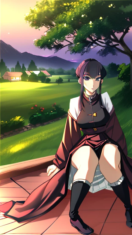 demon slayer anime style,  Kotouji Agamaki, 1 girl 22 years old, serious and calm with gold eyes and pronounced eyebrows, Long straight braided hair surrounding your hair, dark purple hair with the most striking violet tips and two side sideburns of hair and long bangs, She wears a long-sleeved hunter uniform with a dark magenta skirt and everything., a katana, a black japanese coat with gold floral).   Kimetsu no yaiba anime. Sitting on her legs, in a fic, next to a window from head to toe with landscape background of a cherry tree and a sunset,