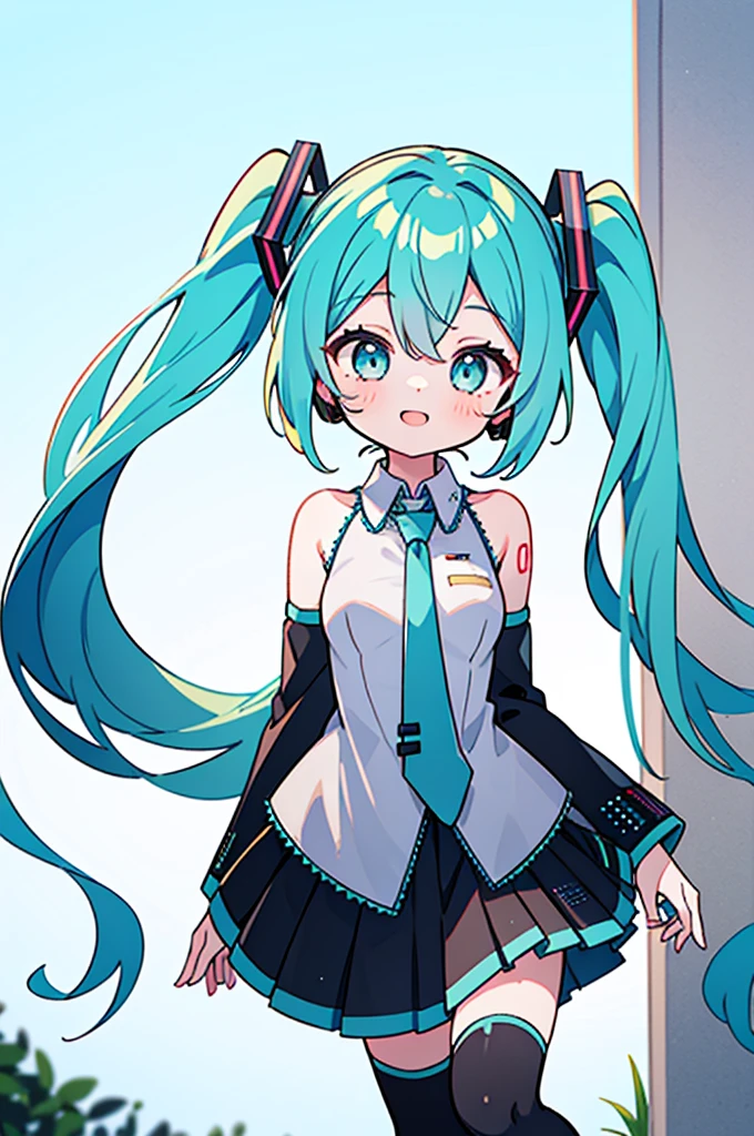 masterpiece, best quality,1girl,hatsune miku,aqua hair, aqua eyes, long hair, twintails, gradient hair, bare shoulders,black skirt,blue necktie,detached sleeves,small breasts,grey shirt,long sleeves,miniskirt,pleated skirt, thighhighs, happy,outdoors,shiny clothes,looking at viewer