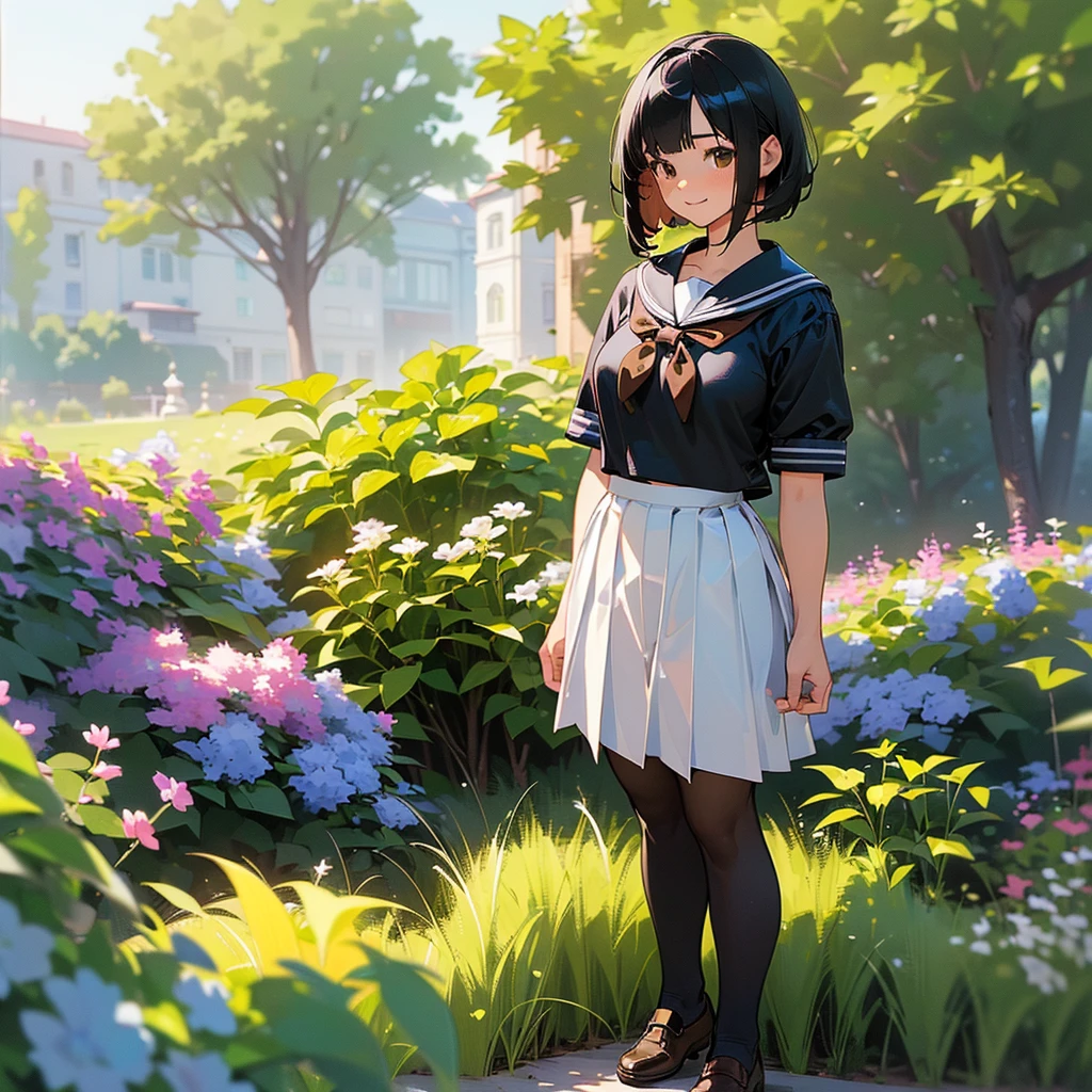 (Highest quality, High resolution, Super detailed, Realistic:1.37), Peaceful atmosphere, (Outdoor, garden), Teenage girl standing alone,(my breasts are big.),Beautifully detailed features, Cute Smile, ((Black bob hair)),Short-sleeved sailor uniform, Pleated skirt,Black tights,Brown leather shoes.