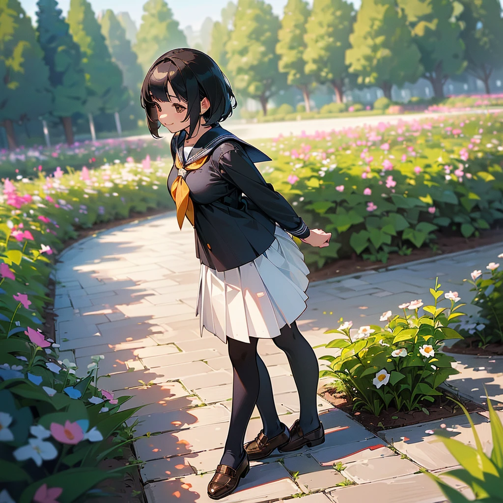 (Highest quality, High resolution, Super detailed, Realistic:1.37), Peaceful atmosphere, (Outdoor, garden), Teenage girl standing alone,(my breasts are big.),Beautifully detailed features, Cute Smile, ((Black bob hair)),Short-sleeved sailor uniform, Pleated skirt,Black tights,Brown leather shoes.
