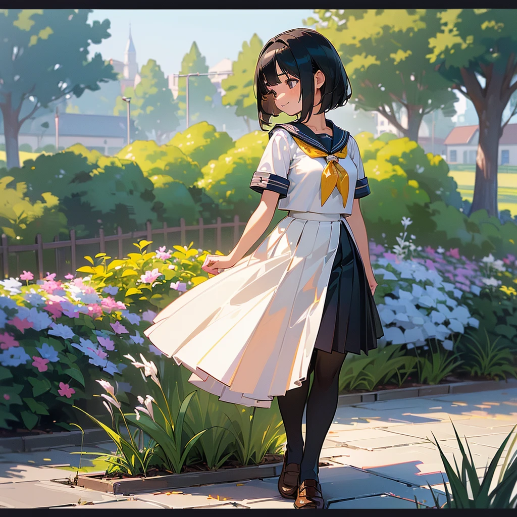 (Highest quality, High resolution, Super detailed, Realistic:1.37), Peaceful atmosphere, (Outdoor, garden), Teenage girl standing alone,(my breasts are big.),Beautifully detailed features, Cute Smile, ((Black bob hair)),Short-sleeved sailor uniform, Pleated skirt,Black tights,Brown leather shoes.