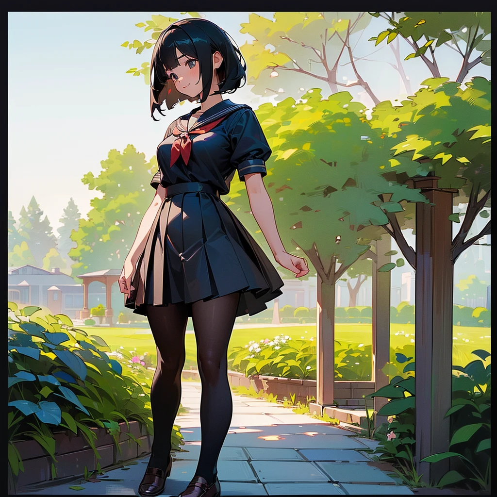 (Highest quality, High resolution, Super detailed, Realistic:1.37), Peaceful atmosphere, (Outdoor, garden), Teenage girl standing alone,(my breasts are big.),Beautifully detailed features, Cute Smile, ((Black bob hair)),Short-sleeved sailor uniform, Pleated skirt,Black tights,Brown leather shoes.
