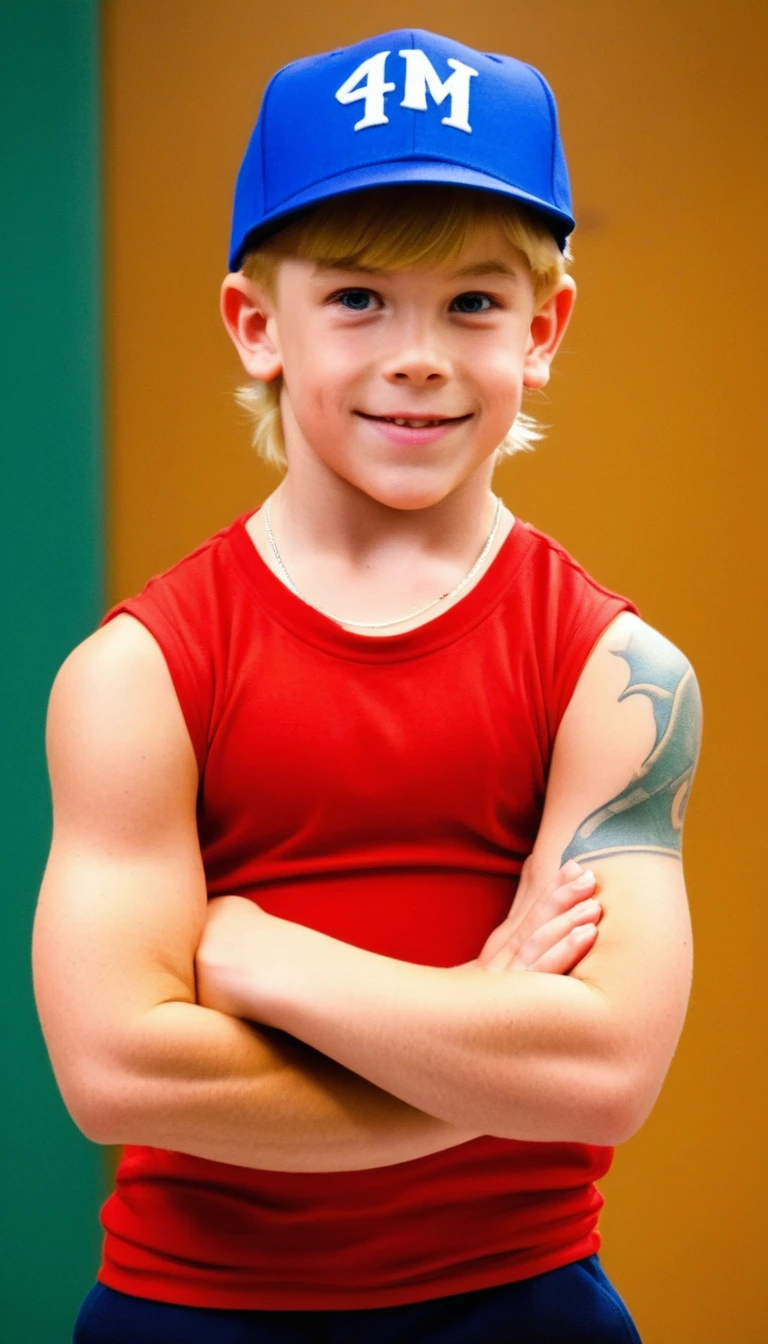 A photo of a super dumb young 11 years old male teenager bodybuilder Innocent face idiot expression super muscular blonde redhead handsome dumb face roided giant muscles full kindergarten kid classroom wearing a super tight shirt tight biceps flexing giant ever muscles erect cock penis pale tattooed baseball cap smirk toddler
