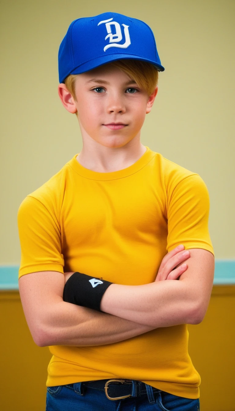 A photo of a super dumb young  male teenager bodybuilder Innocent face idiot expression super muscular blonde redhead handsome dumb face roided giant muscles full kindergartenearing a super tight shirt tight biceps flexing giant ever muscles erect cock penis pale tattooed baseball cap smirk toddler
