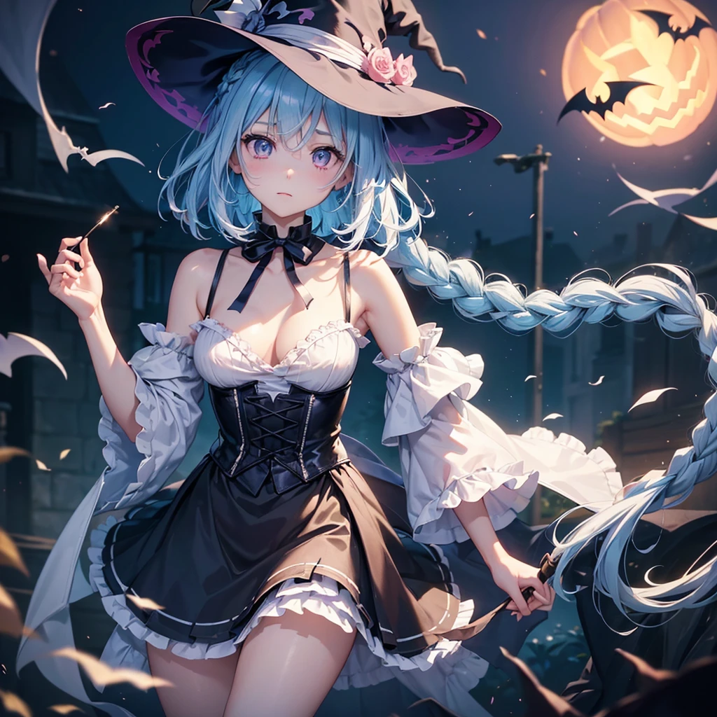 (Light blue medium hair:1.2),(Braided hair:1.2)、Pink eyes、Fair skin、cowboy shot、Halloween、The background is a pumpkin ghost、Crescent Moon、Trick or Treat、A lot of sweets、witch、Halloween night、Candy、many bat、Condescending expression、solo、(masterpiece、Highest quality、Very detailed、Best Shadow)、(Detailed Background)、(Beautifully detailed face)、High contrast、(Best lighting、Very delicate and beautiful)、(Cinematic Light)、colorful、Hyper Detail、Dramatic Light、Exquisite detail、