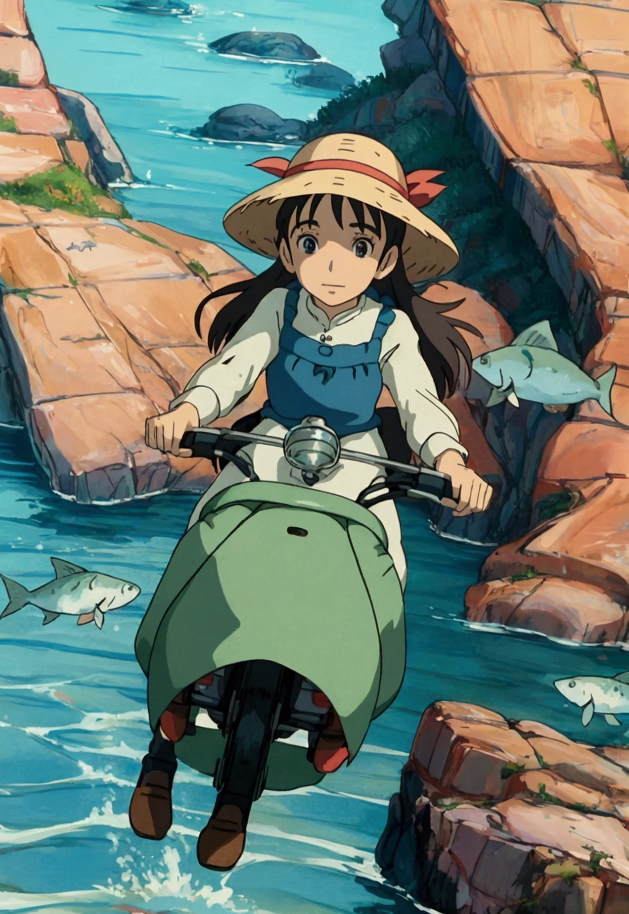 Ghibli　In the water　Girl riding on a fish surrounded by fish