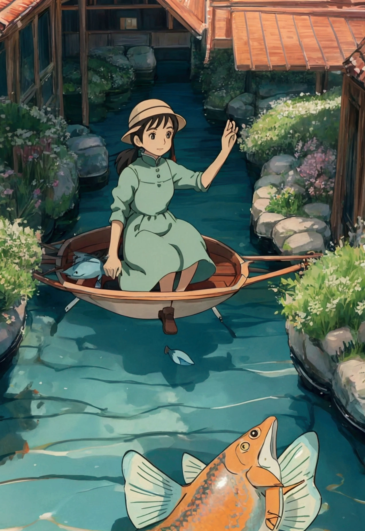 Ghibli　In the water　Girl riding on a fish surrounded by fish