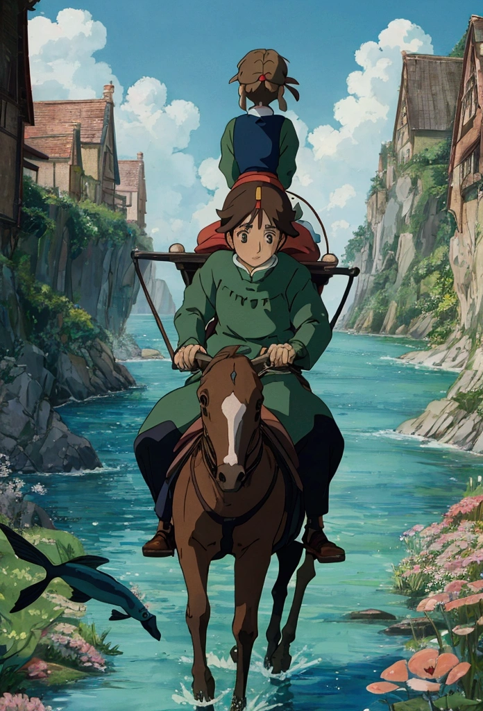 Ghibli　In the water　Girl riding on a fish surrounded by fish