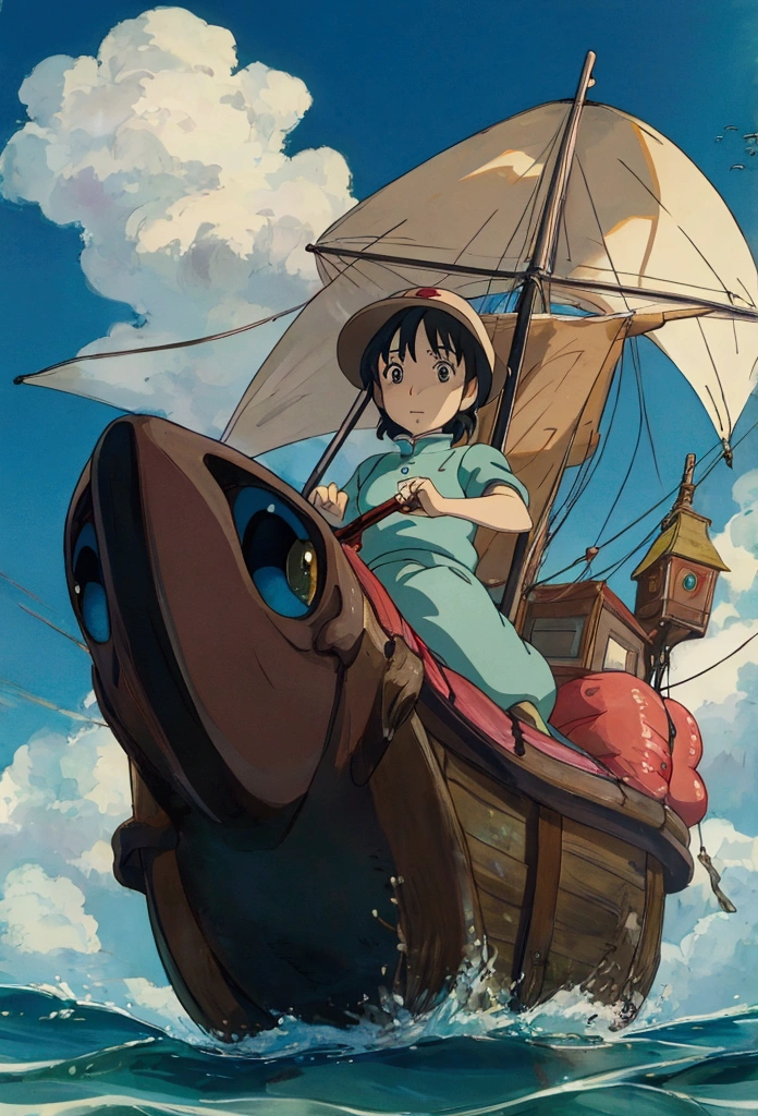 Ghibli　In the water　Girl riding on a fish surrounded by fish