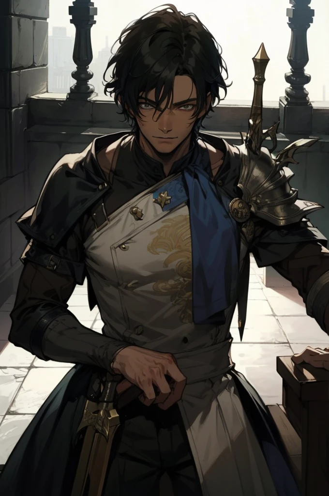 (absurdities, High Resolutions, ultra detailed, HDR), Masterpiece, The best quality, final fantasy xvi, clive rosfield, 1man only, handsome, short hair, black hair, vibrant blue eyes, fine eyes and detailed face, armor, ((Intricate weapon)), Sitting on the throne, legs open, affected smile, annoying.