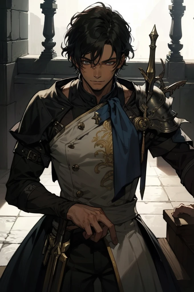 (absurdities, High Resolutions, ultra detailed, HDR), Masterpiece, The best quality, final fantasy xvi, clive rosfield, 1man only, handsome, short hair, black hair, vibrant blue eyes, fine eyes and detailed face, armor, ((Intricate weapon)), Sitting on the throne, legs open, affected smile, annoying.